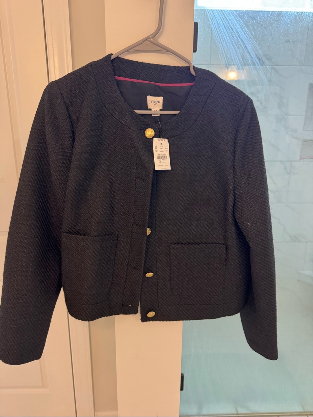 J. Crew Black Quilted Collarless Jacket with Gold Buttons